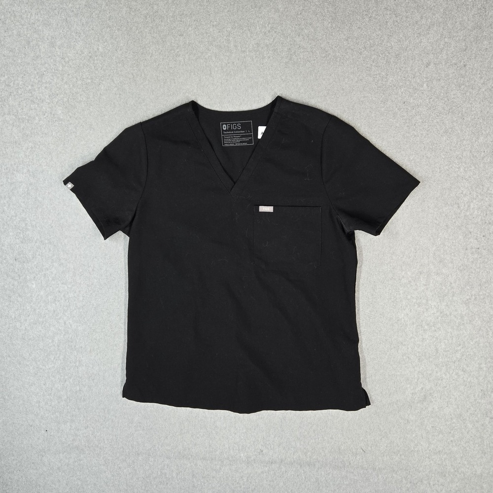 FIGS Women Scrub Top L Black Catarina Pocket Logo Short Sleeve V Neck Pullover